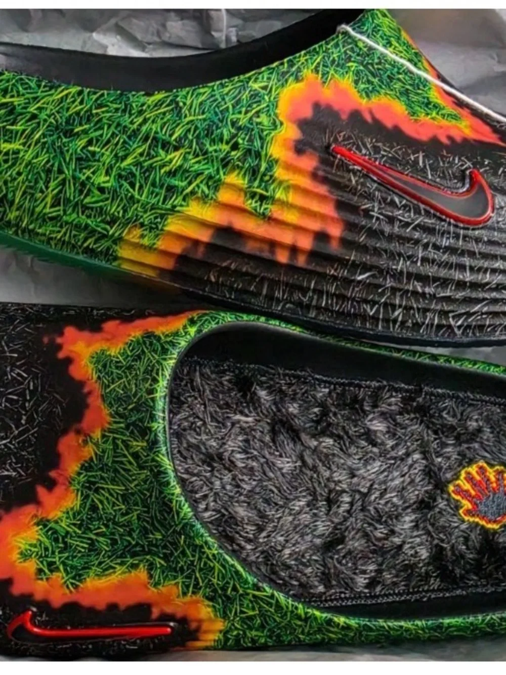 Nike Black Slides with Green Grass and Orange Flame Accents